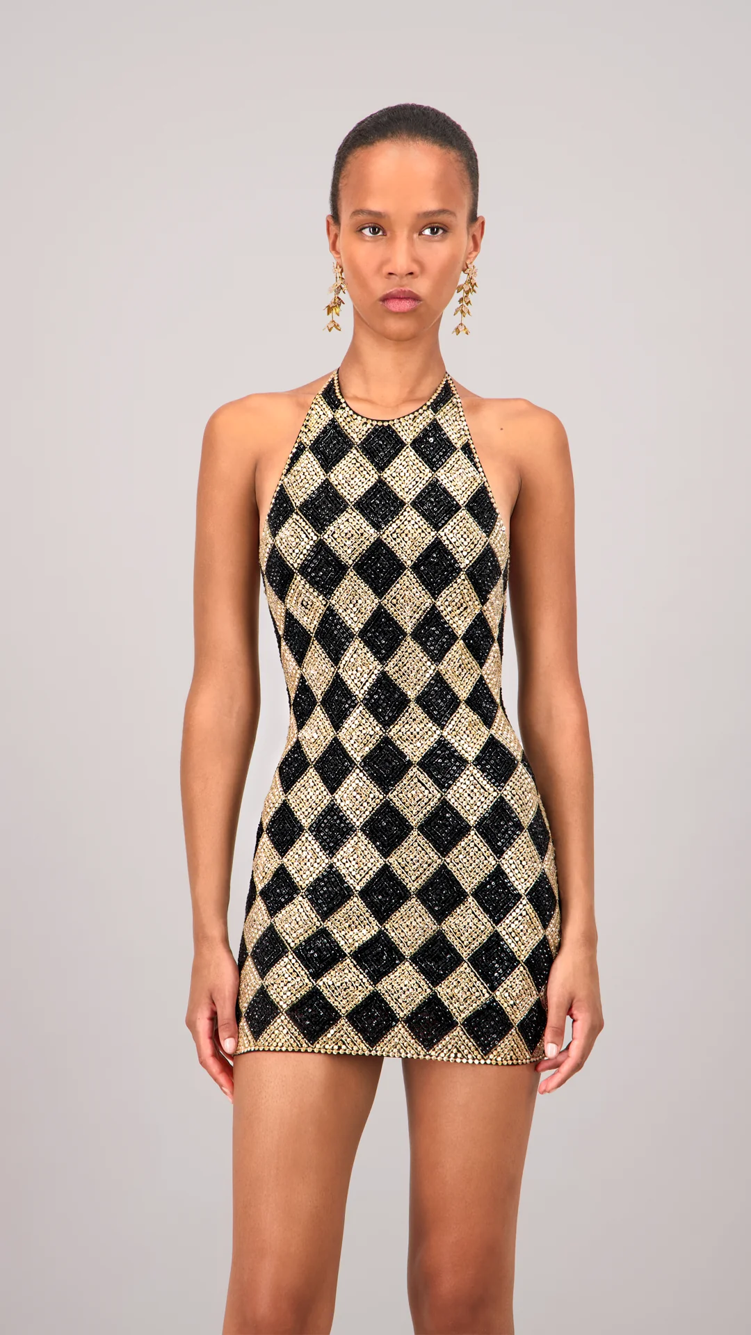 Beaded Checkered Black Mini Dress - Image 3