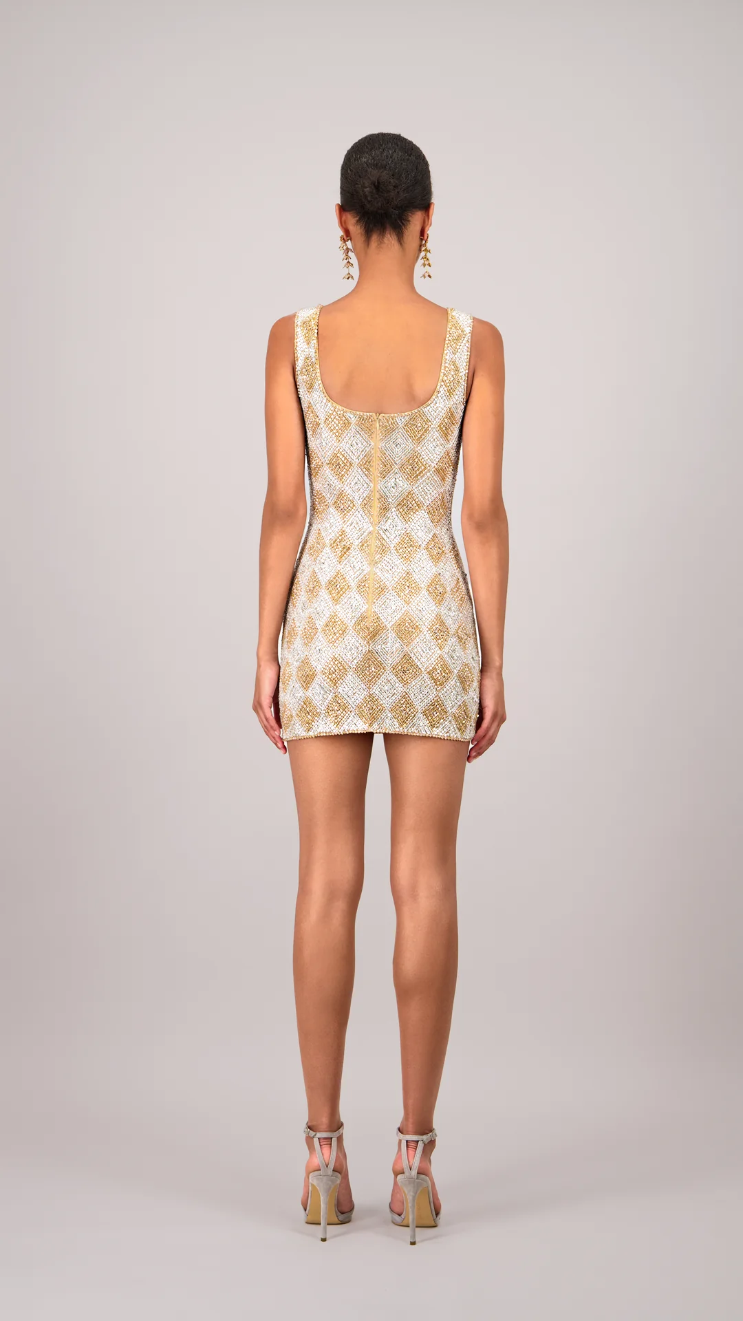 Beaded Checkered Gold Mini Dress - Image 4